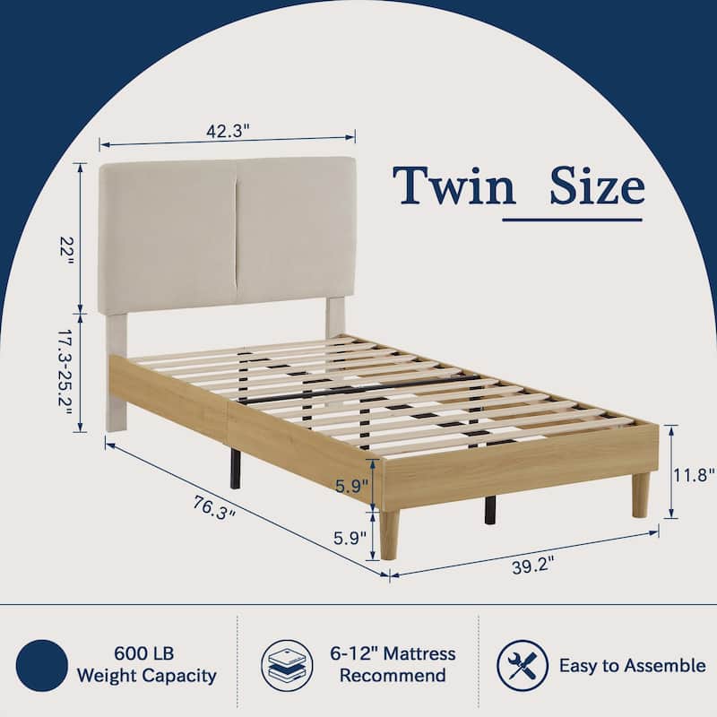 VECELO Wood Frame Upholstered Kids Bed With Headboard,Twin Size Bed Set of 2