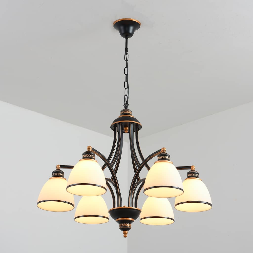 YANSUN 6-Light Oil Rubbed Bronze Farmhouse Industrial Vintage Chandelier with Frosted White Glass Shades - 30.71 in.