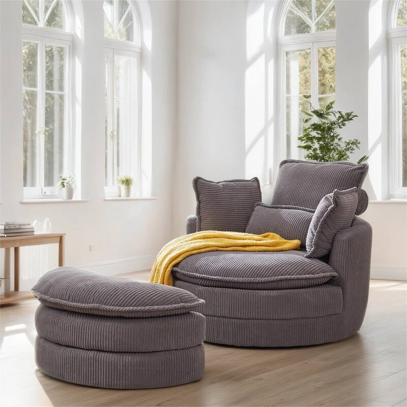 38"W Oversized Swivel Chair with Moon Storage Ottoman, 4 Pillows