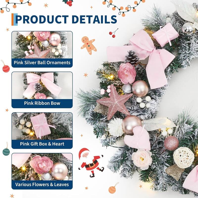 24 Inch Christmas Wreath with Pink Bow for Front Door, Window, Wall - N/A