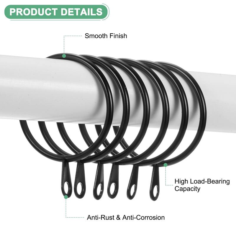 20-Pack Curtain Rings W Eyelet, I D Metal Rings for Curtain Rods - Black - 1.8 Inch