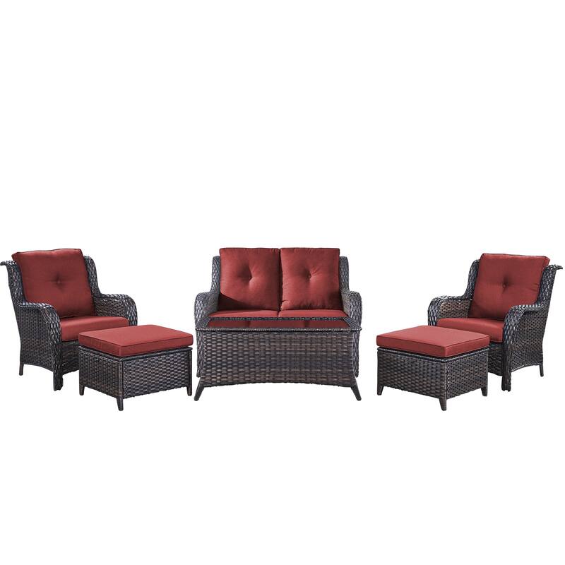 Pocassy 6 Pieces Outdoor 2-Seat Sofa Chairs Table Ottoman