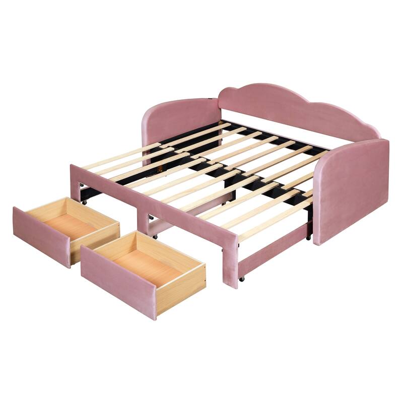 Twin Size Upholstered Daybed with 2 Storage Drawers and Trundle, Velvet Sofa Bed Frame with Cloud-Shaped Backrest and USB Ports