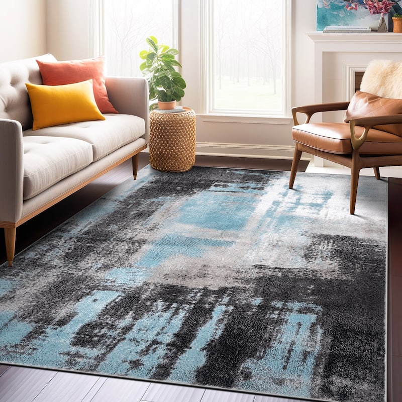 Modern Watercolor Abstract Design Area Rug - 7' 10" x 10' - Blue - Runner/Rectangle
