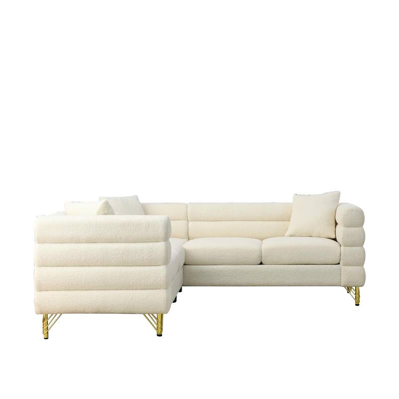Modern Corner Sofa with Teddy Fabric and Metal Legs, 3-Seater with 3 Pillows
