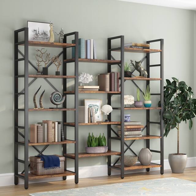Large Triple Wide 5-Shelf Etagere Bookcase - Dark Brown-70"