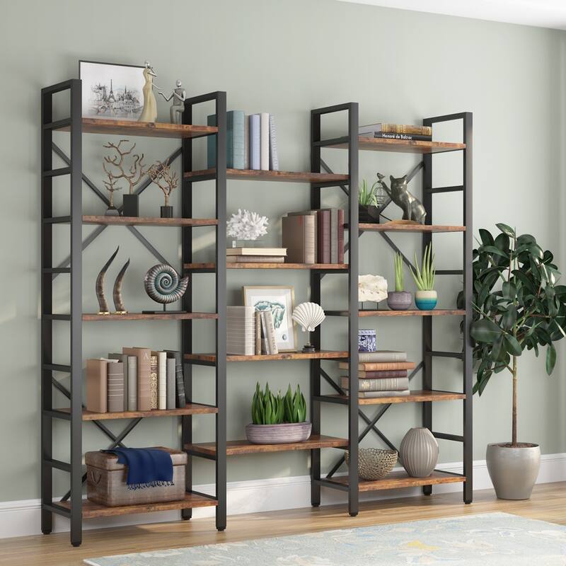 Large Triple Wide 5-Shelf Etagere Bookcase - Dark Brown-70"