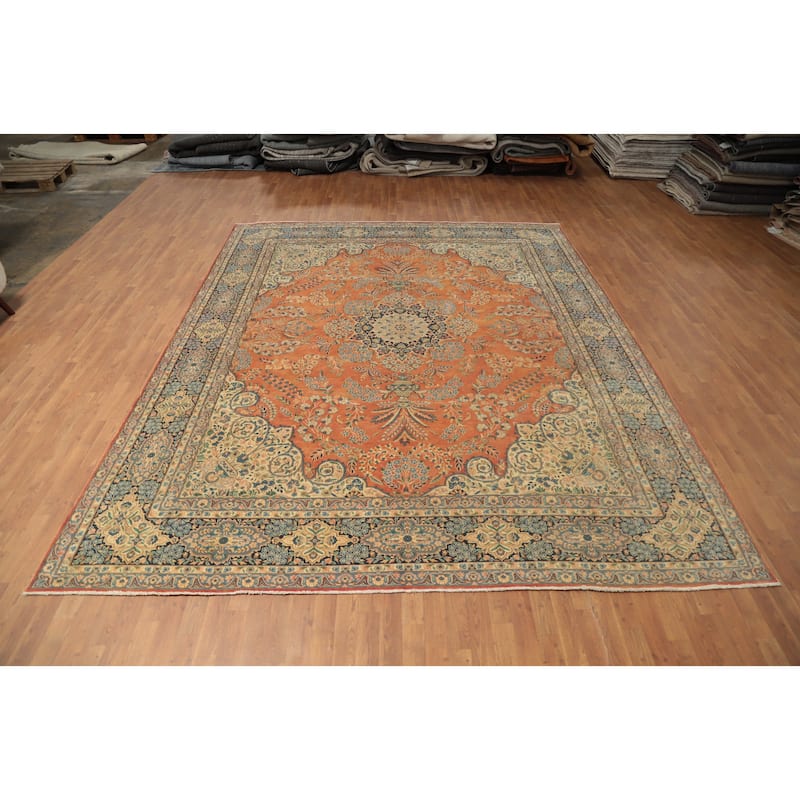 Hand Knotted Oriental 100% Wool Carpet Traditional Floral Oranges & Rust Kerman Area Rug - 12' 8'' X 10' 1''