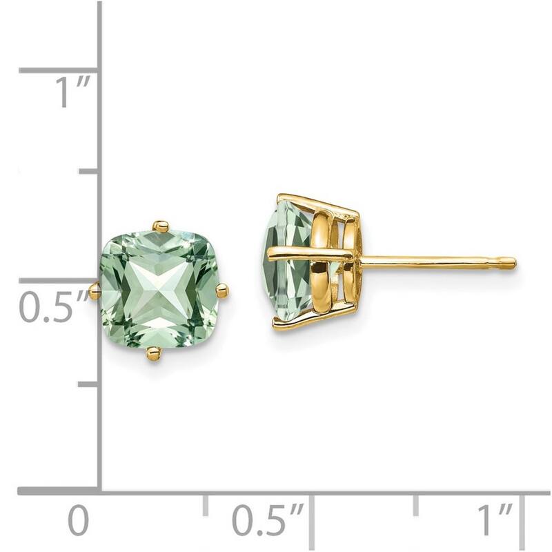 Curata 14k Yellow Gold 7mm Cushion Green Amethyst Earrings
