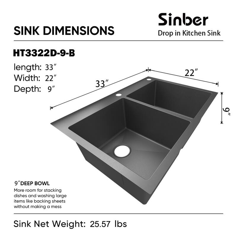 Sinber Drop in Double Bowl 304 Stainless Steel Kitchen Sink