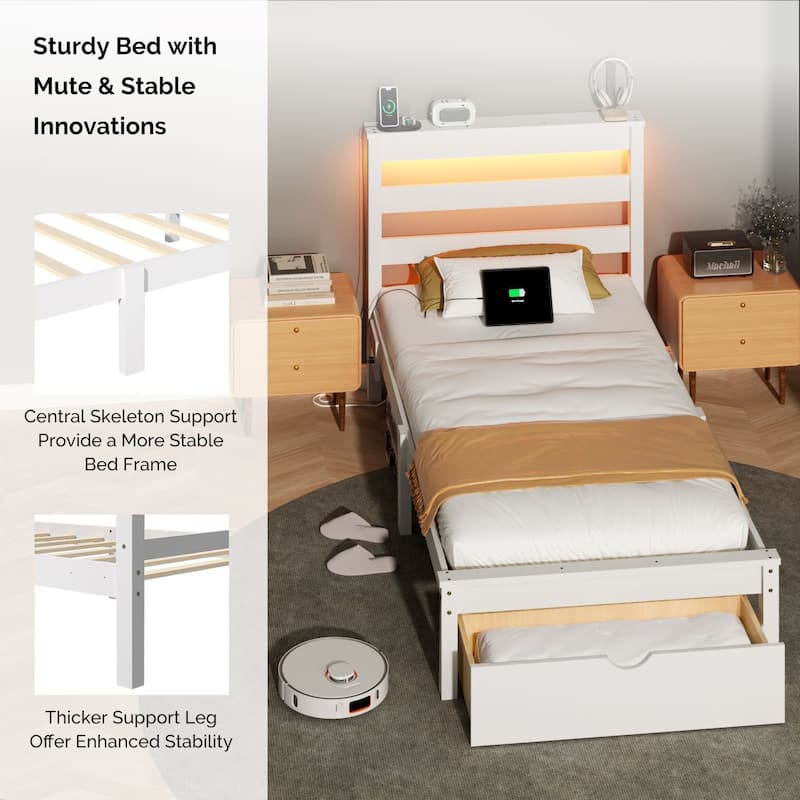 Twin Wood Bed Frame with Charging Station, Lighted Platform Bed, White