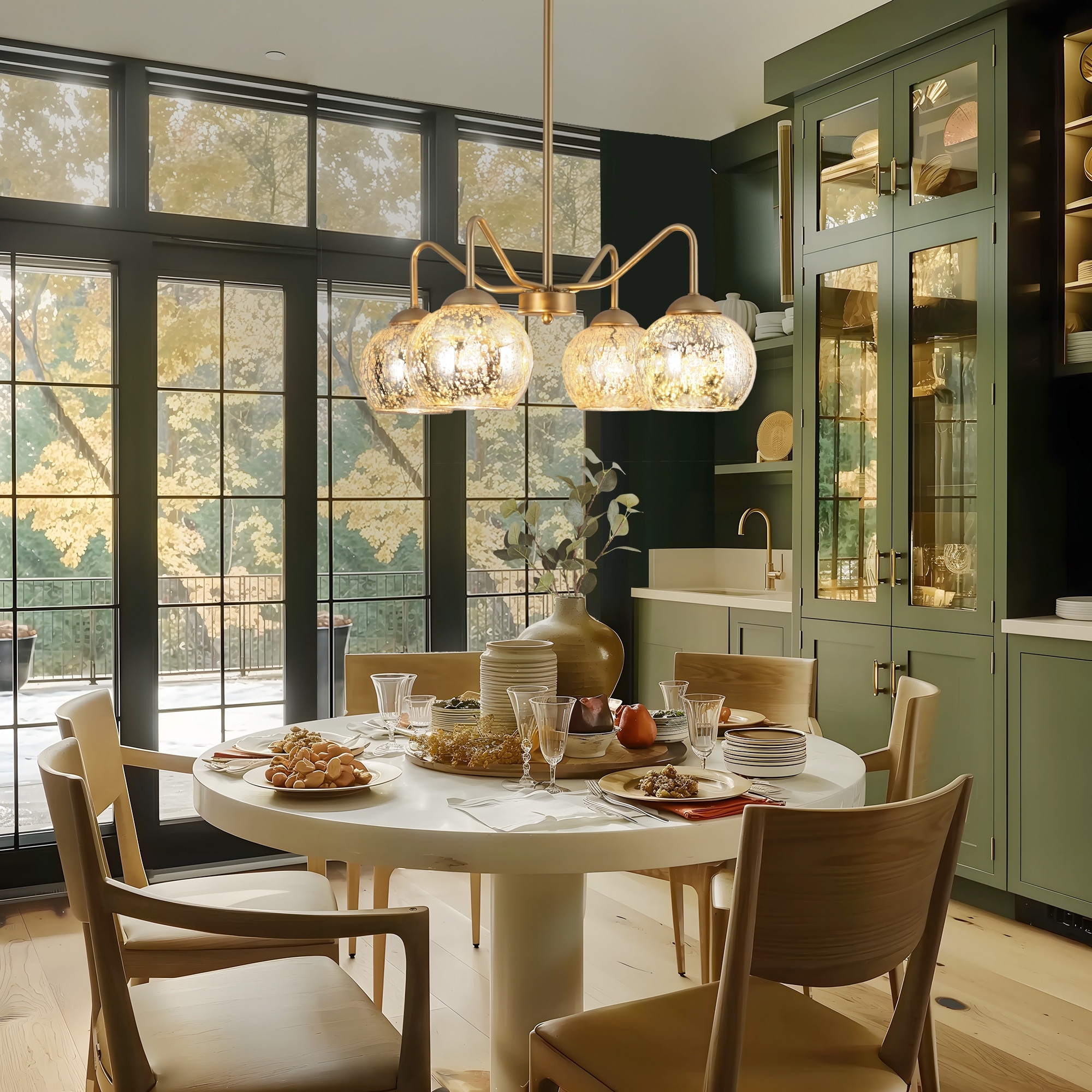 Ziv Mid-Century Modern 4-Light Gold Chandelier with Mercury Glass