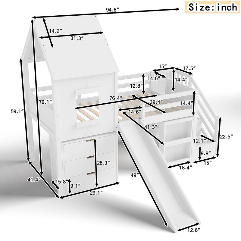 Twin House Loft Bed with Slide and Stairs, Storage Cabinets and Removable Desk, Kids Space Saving Loft Bed