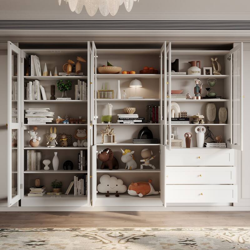 Bookcase Display Cupboard Curio Cabinet 2 Glass Door White Lacquer - 70.9"Hx31.5"W