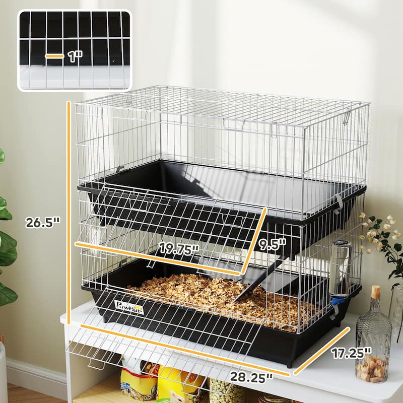 PawHut 2-Tier Guinea Pig Cage, Ferret Cage, Chinchilla Cage, Small Animal Cage Indoor with Dish and Bottle, 2 Doors