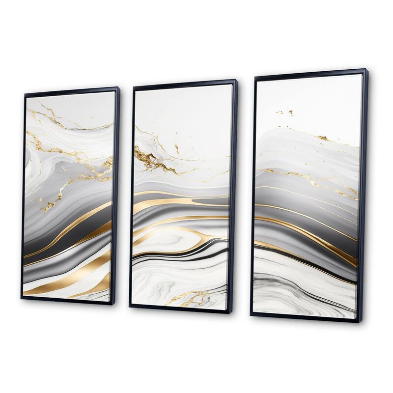 Designart "Abstract Geode Marble Waves Grey III" Modern Waves Framed Canvas Art Print - 3 Panels