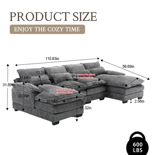 dimension image slide 3 of 11, Chenille Upholstered U-Shaped Living Room Sectional Sofa With Wooden Legs