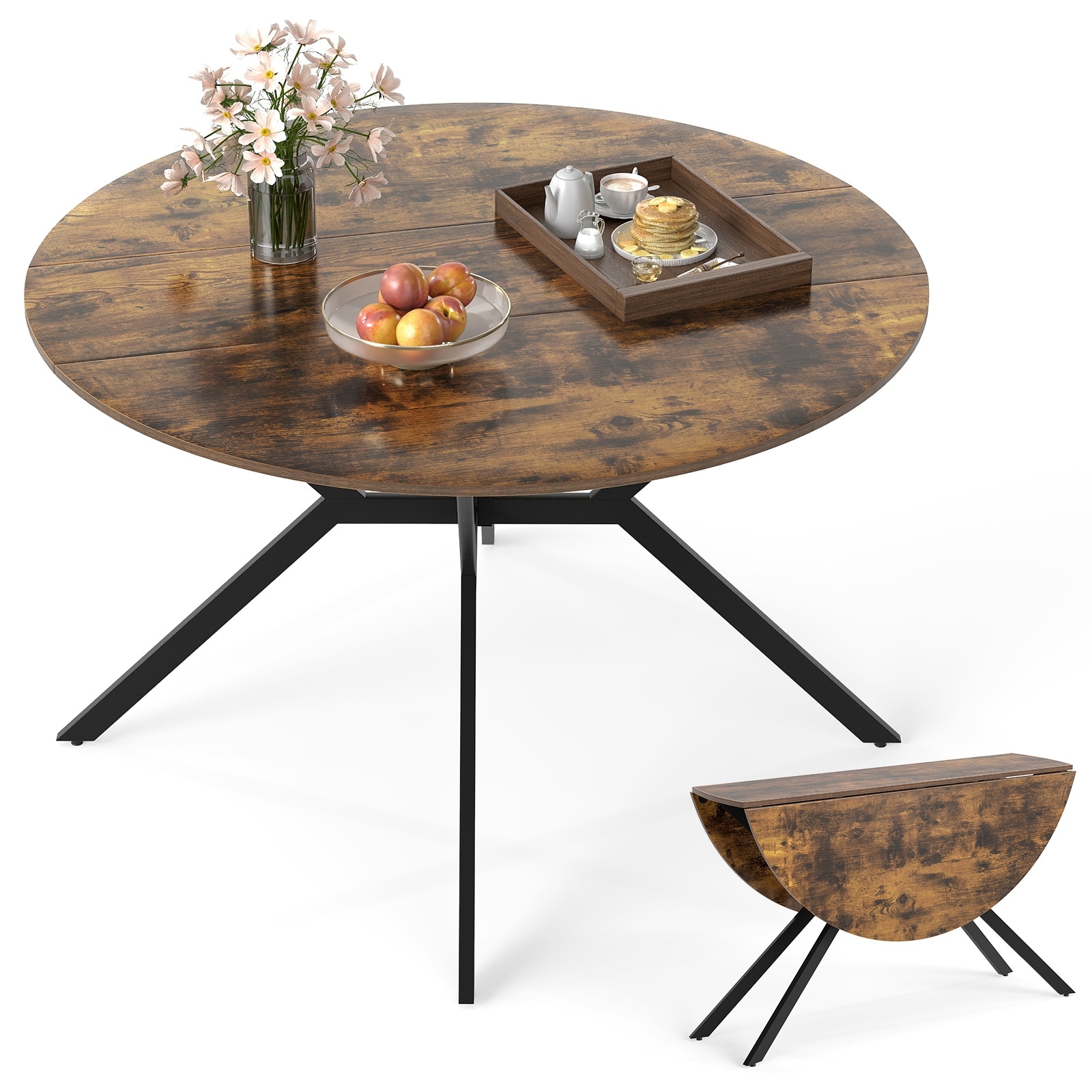 Gymax Folding Dining Table 47'' Extendable Round Kitchen Table w/Drop