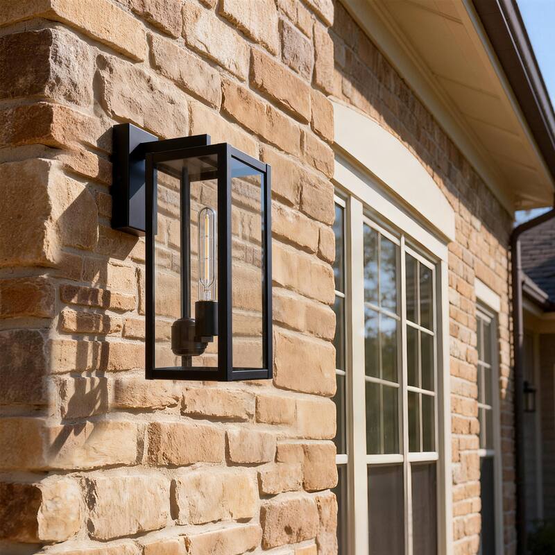 Black Outdoor Lighting Wall Sconce with Clear Glass - Medium: 15.9" H x 6.4" W x 7.8" D - Black