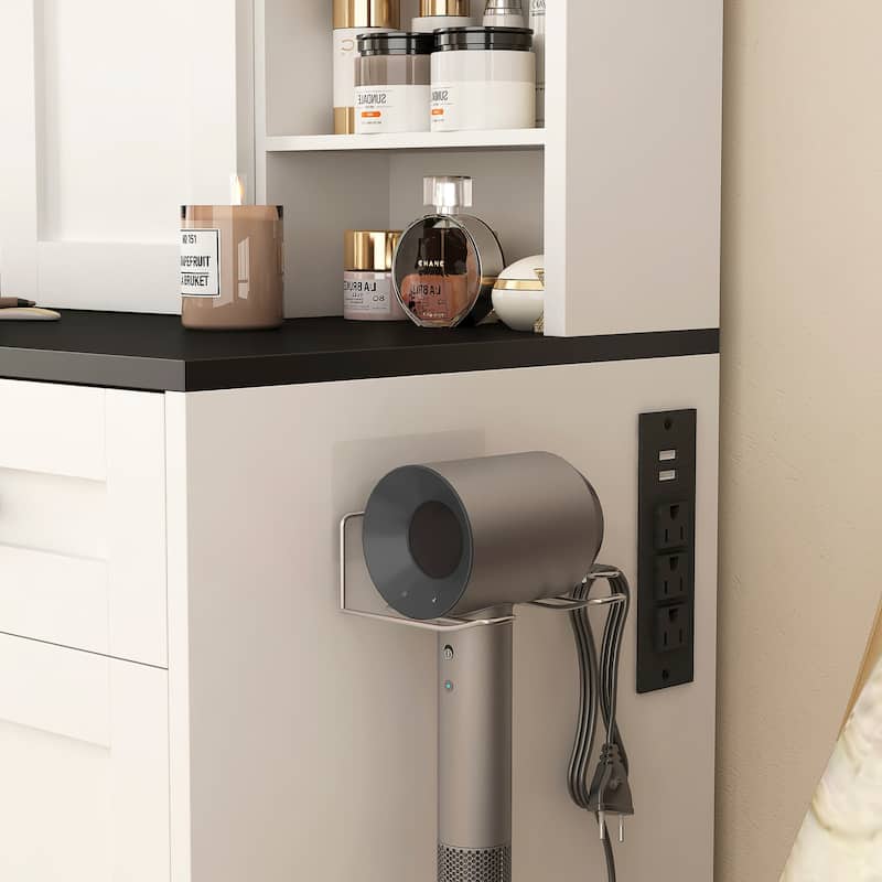 43" Wide Dressing Table with Lighted Mirror and Makeup Drawer, Large Modern Dressing Table Set with Hair Dryer Holder
