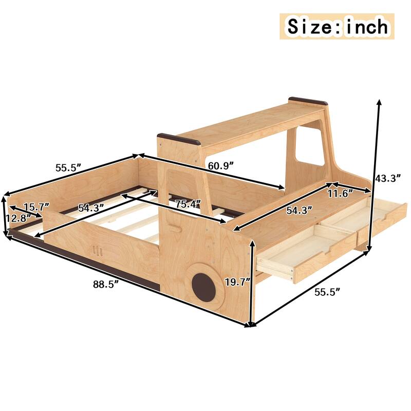 Full Size Floor Bed with Interesting Car-shape Design, Kids Car Floor Bed with Storage Drawers, Window
