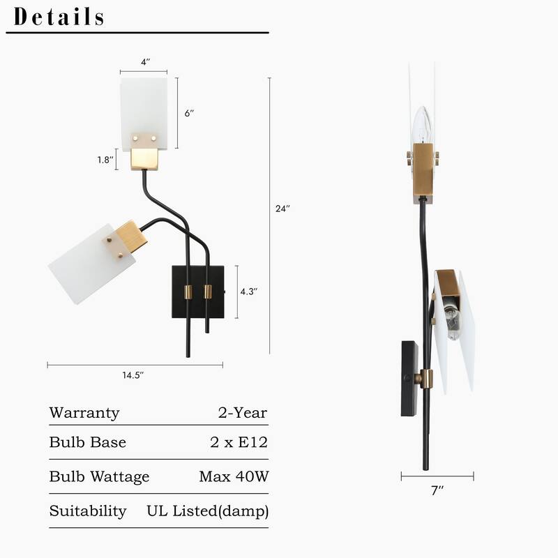Modern Black Gold 2-Light Wall Sconce with Frosted Glass Shades