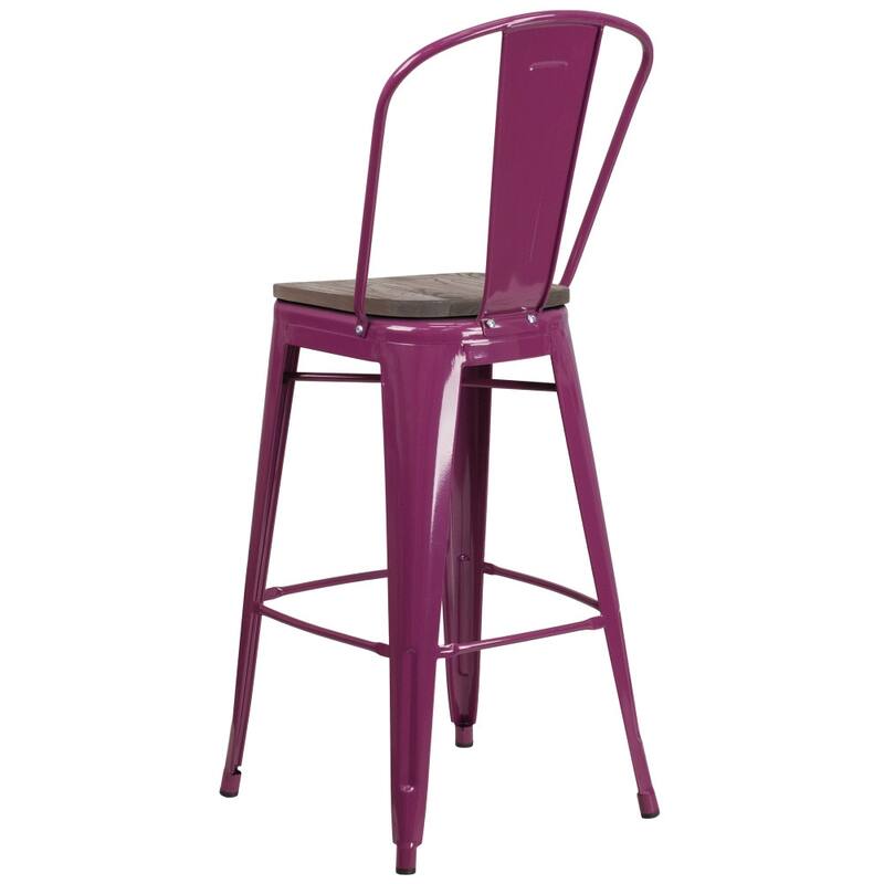 4 Pk. 30" High Metal Barstool with Back and Wood Seat - 18"W x 19"D x 46"H - 18"W x 19"D x 46"H