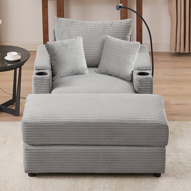 Modern Single Sofa with Movable Ottoman, Hidden Storage, USB Ports, Cup Holders and Phone Holder for Living Room