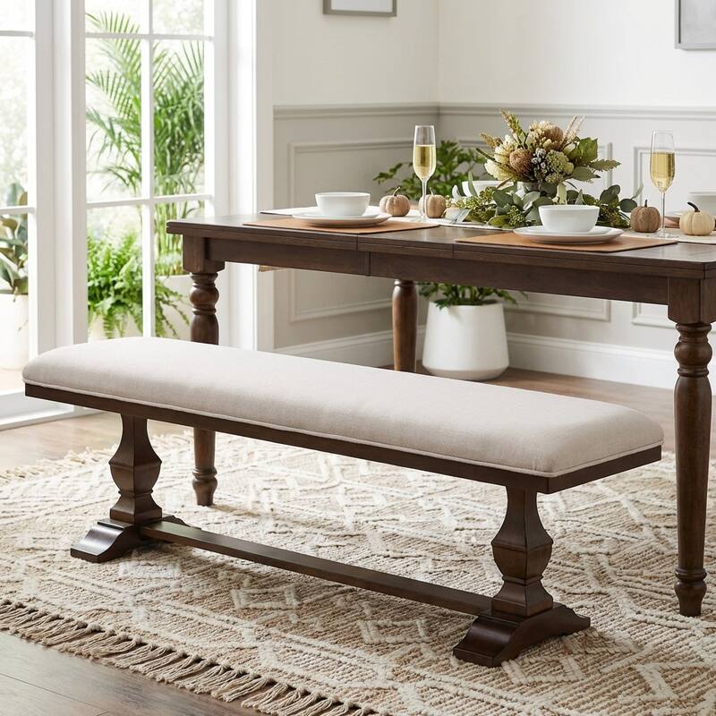 Farmhouse Dining Chair and Bench Set, Solid Wood Upholstered Armless Chair and Dining Bench with Turned Legs - Bench-1set - Espresso