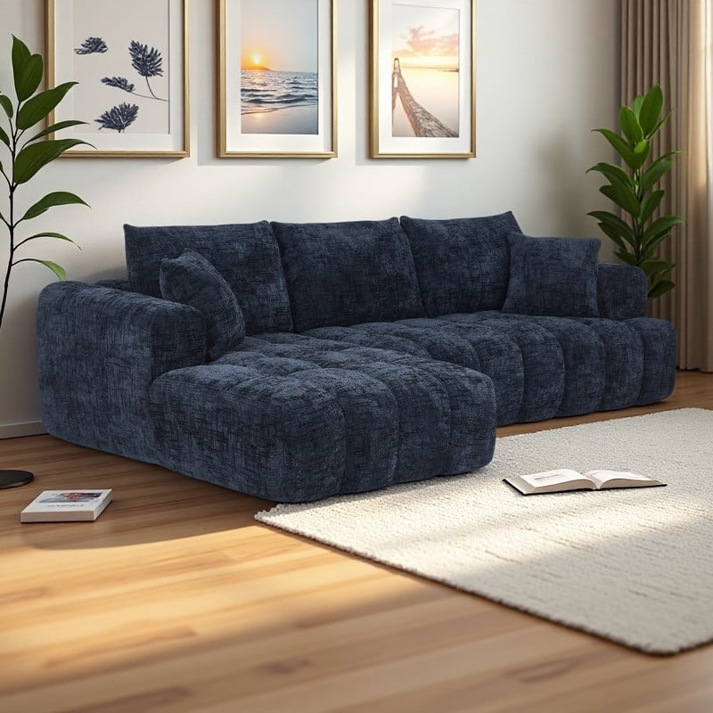 108.2" Chenille L-Shaped Sectional Sofa with Left Facing Chaise and No Assembly Required,Tufted Design - Dark Blue