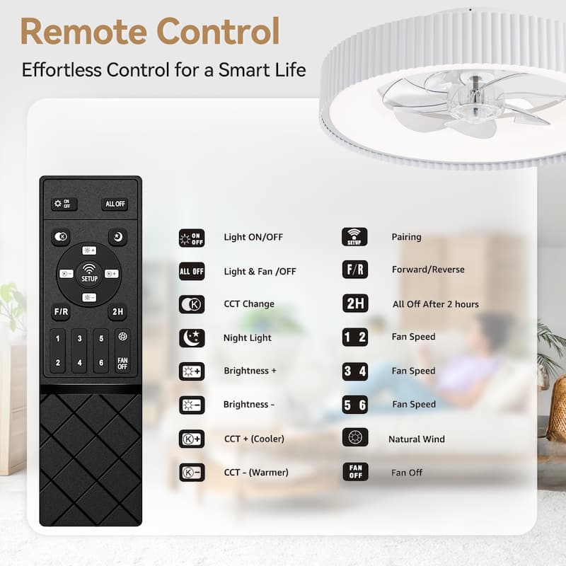 19.3" White Flush Mount 7-Blade Ceiling Fan with Remote and Dimmable LED Light, Stepless Color Temperature