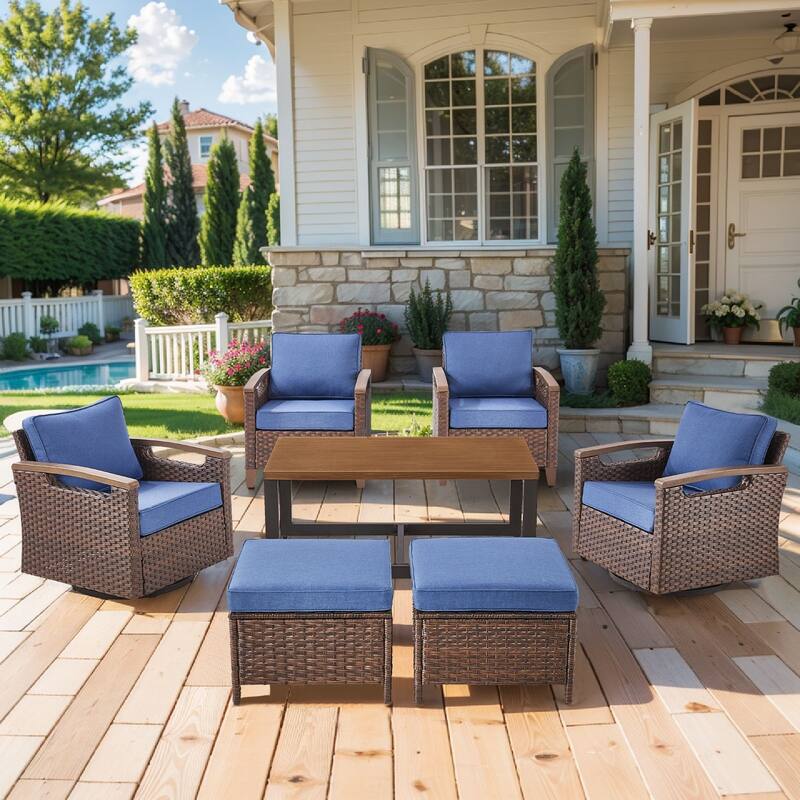 Pocassy Outdoor Patio Sofa Chair Ottoman Table Furniture Set - Blue Cushion - Swivel Chairs with Club Chair Ottomam Table Set