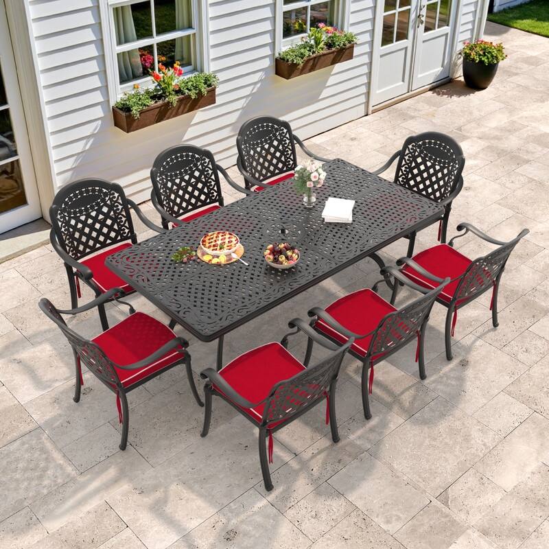 7/9-Piece Cast Aluminum Outdoor Dining Set with 82.68'' L X 41.34'' W Rectangular Table and Seat Cushions - Black(9-Piece Sets-B)