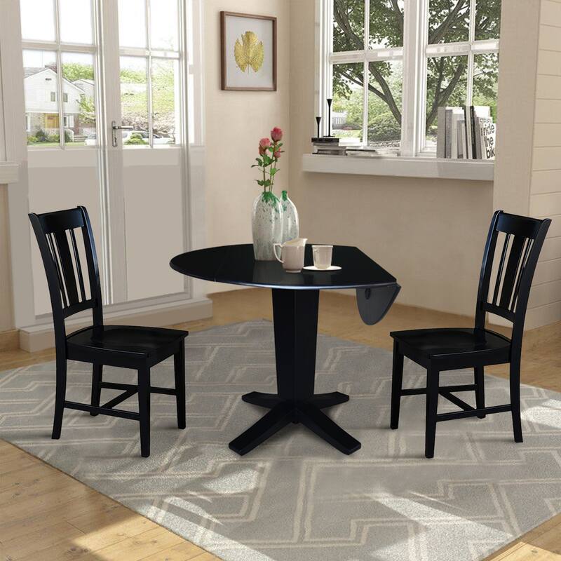 42 in Solid Wood Round Drop Leaf Pedestal Table with Dining Chairs in Black