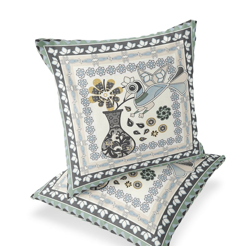 HomeRoots Set of Two 16" X 16" Black and Gray Peacock Blown Seam Floral Indoor Outdoor Throw Pillow - 16.00' X '16.00' X '5.00