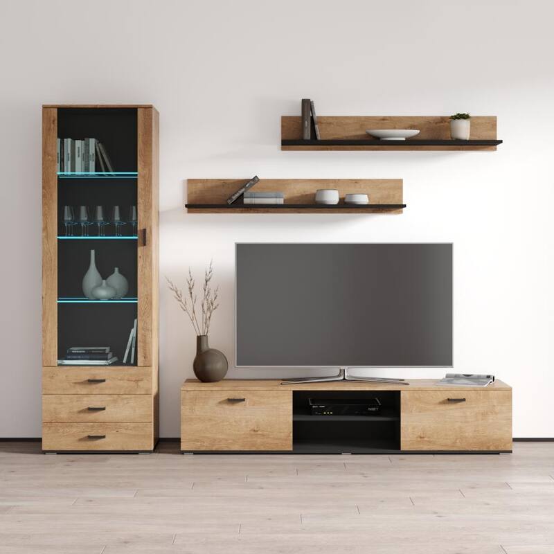 Soho 1 Modern Wall Unit Entertainment Center with 16 Color LED Lights - Oak