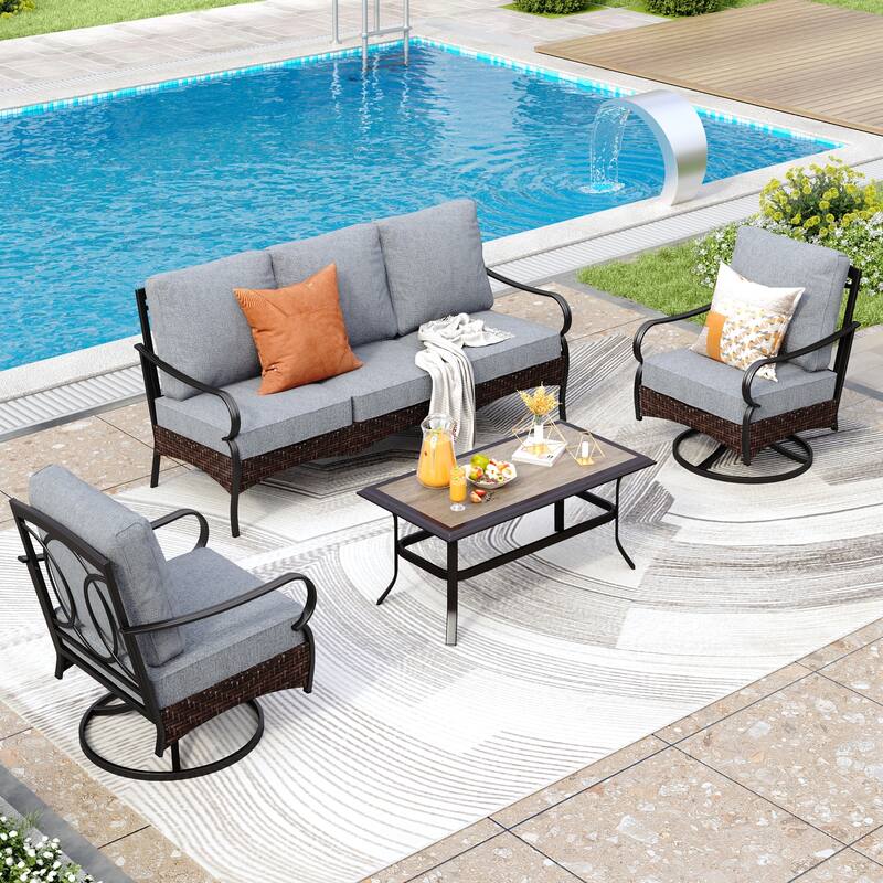 MAISON ARTS 4-Piece Rattan Wicker Patio Furniture Set with Swivel Chairs, Metal Frame & Coffee Table for Outdoor Spaces