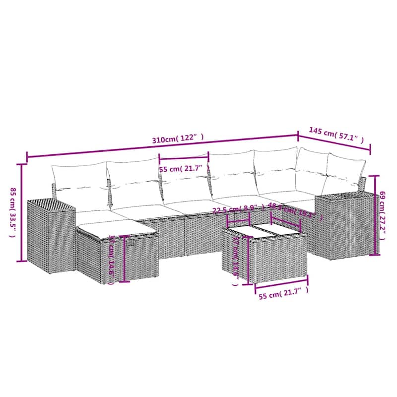 vidaXL Patio Sofa Set with Cushions Outdoor Conversation Furniture Poly Rattan - 24.4" x 24.4" x 27.2"