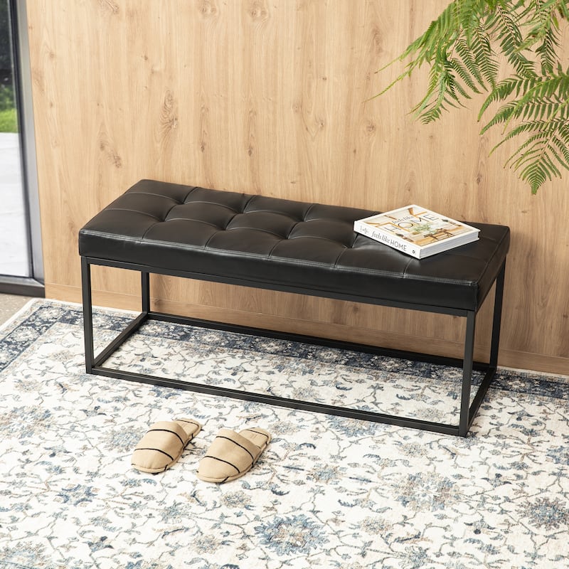 Glitzhome 45"W Modern Black Tufted Upholstered Bench with Metal Frame Legs - 45"W x 19"H x 17.5"D