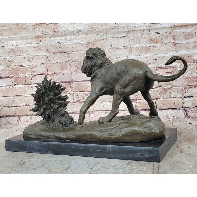 Imitative Lion Vs. Porcupine Bronze Statue Sculpture Wildlife Art Decor On Marble Base