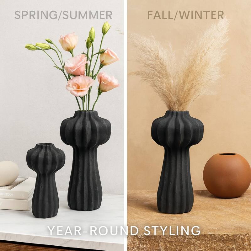 Aria Home Black Ceramic Cactus Inspired Vases Set of Two Modern Decor