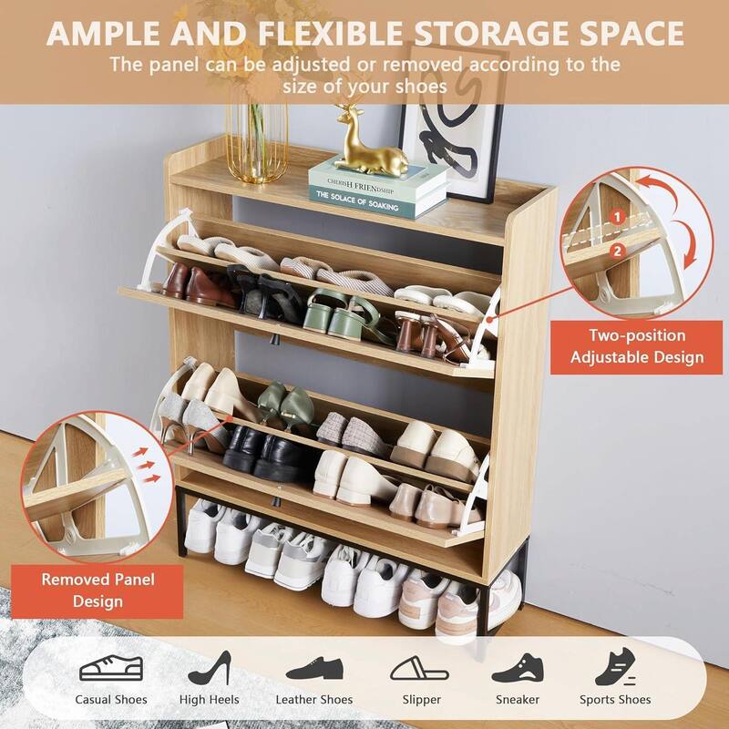 Set of 2 Wooden Narrow Shoe Racks with Flip Drawers