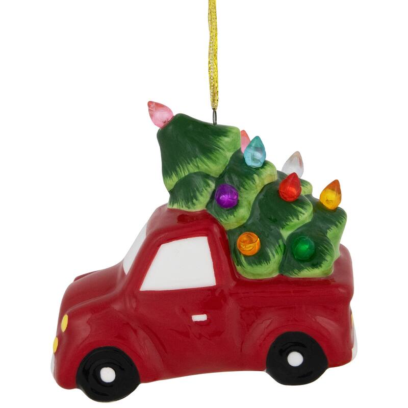 Lighted Truck with Christmas Tree Ceramic Ornament - 3.75" - Red and Green