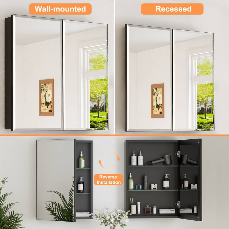 Belle Medicine Cabinet with Mirror, Adjustable Shelves, Recessed or Wall Mount
