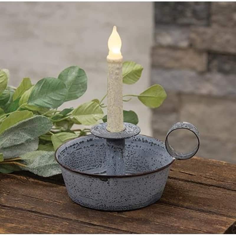 Weathered Grey Galvanized Metal Taper Candle Holder with Raised Pedestal and Thumb Ring Handle - 7”W x 4.5”H