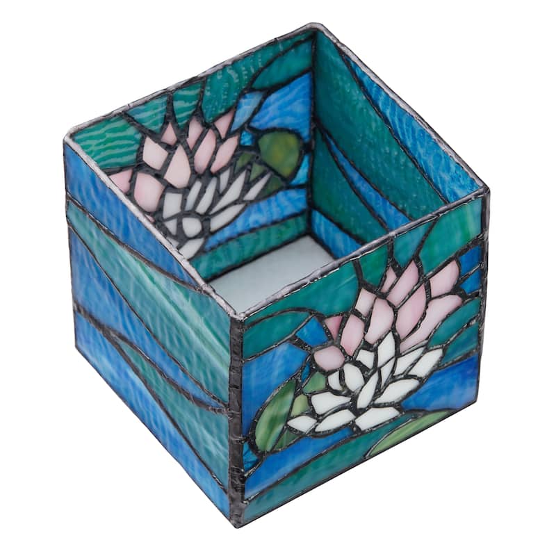 River of Goods 4.75-Inch Blue Pond Lilies Stained Glass Candle Holder - 4.75" x 4.75" x 4.75"