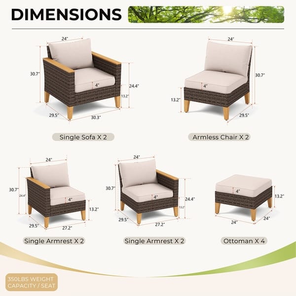 dimension image slide 7 of 8, 9-Piece Outdoor Wicker Sectional Sofa Patio Furniture Luxury Conversation Set, Beige Cushion