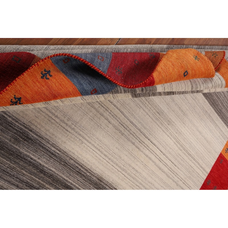 Modern Gabbeh Oriental Area Rug Hand-Knotted Beige Wool Carpet - 8'5" x 9'9"