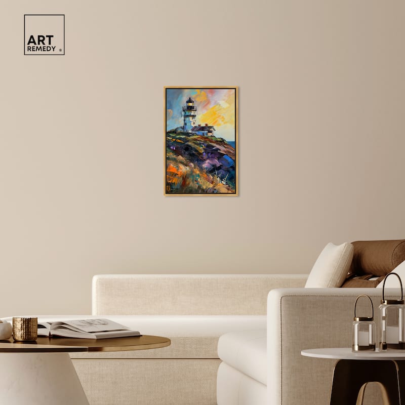 Art Remedy Colorful Lighthouse Framed Impressionism 1 Piece Canvas Wall Art /Monet And Van Gogh Inspired Art