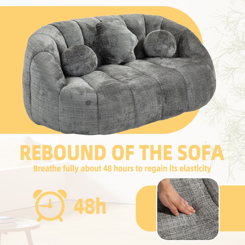 Chenille Upholstered Bean Bag Chair, Lazy Floor Sofa with Foam Filler, Fluffy Bean Bag Sofa with 3 Pillows & High Backrest